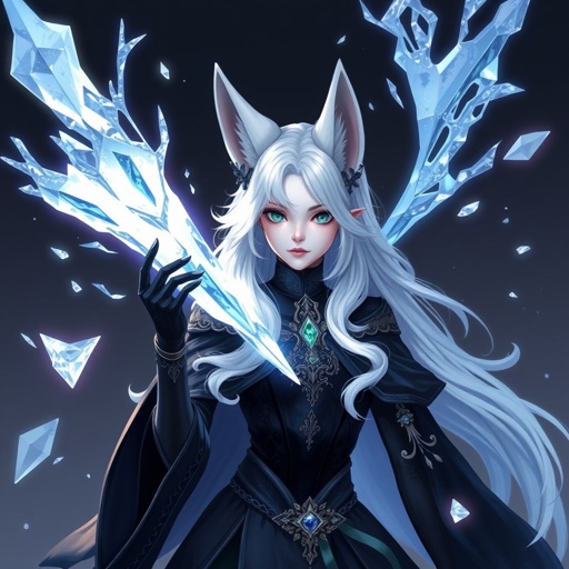 (Genshin Impact) A pale teenage girl with a Cryo Vision from Sneznhaya wearing a royal black top and trousers with hair and small fox ears as white as snow with emerald eyes and conducting ice