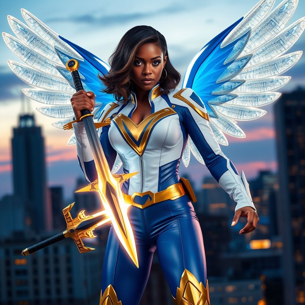 African American female superhero with shoulder length hair in a side part style and holographic wings wearing a homemade leather white and blue suit with gold accents and blue pants with a stylized V as her chest emblem wearing gold flat boots  made of gold fire holding a large glowing broadsword in one hand standing in Philadelphia at dusk