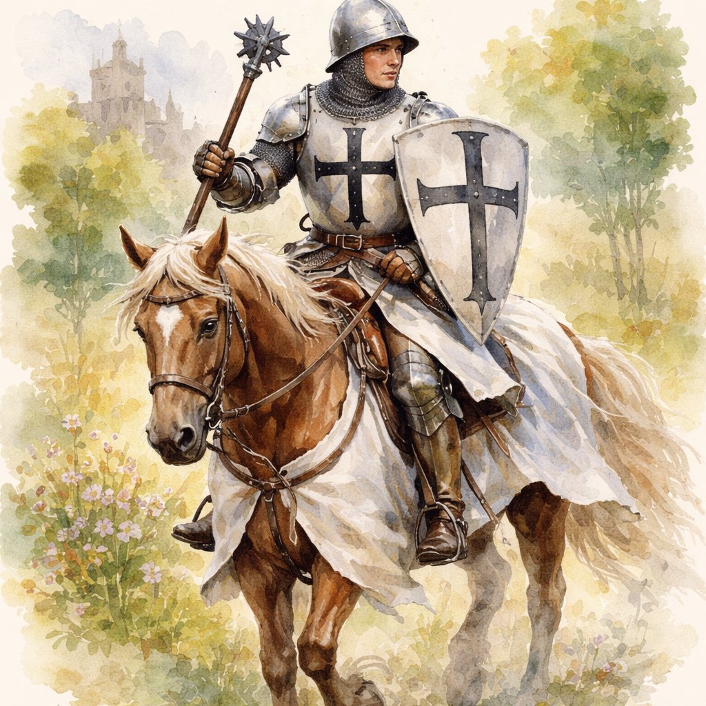 A low armoured squire with white armour, a black cross on the armour, he is wielding a mace and a shield and he is riding a horse