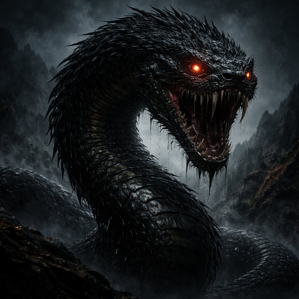 A big black serpent. It has big sharp teeth. The eyes are glowing red.