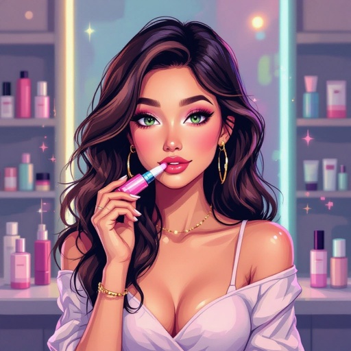 Create a character showing there whole body head to toe, a lady who loves beauty products  