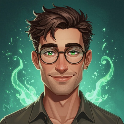 Mężczyzna. Człowiek.  Krótkie włosy z widocznymi zakolami. Oczy ciemnozielone. Delikatnie orli nos. Wąskie usta. Wąska szczęka. Smukła twarz. Duże okulary korekcyjne. Uśmiechnięty. Ubrany w koszule. 