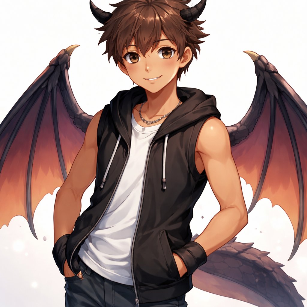 15 year old tan male with brown hair and brown eyes and dragon horns and wings