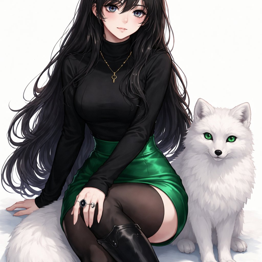 A teenager girl with long black hair and grey eyes. Her hair is set in soft waves resting just above her but. Her eyes are storm grey. She is wearing a black long sleeve turtleneck and a satin Green skirt black tights and black thigh high boots. She has a small golden necklace of a snake and a silver ring with a b on the top to the left of the b is a black diamond and to the right is an emerald. She has an arctic fox next her with bright green eyes.