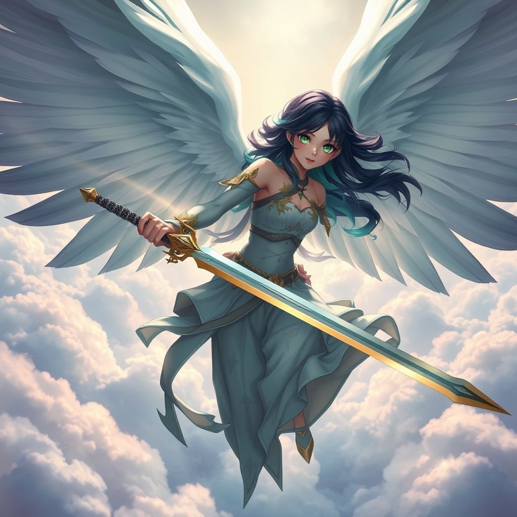 A teenage girl. Pale skin, glowing emerald eyes, angelic wings and a two-piece godlike clothing. Hair as black as coal with cyan tips holding a legendary sword flying above the clouds