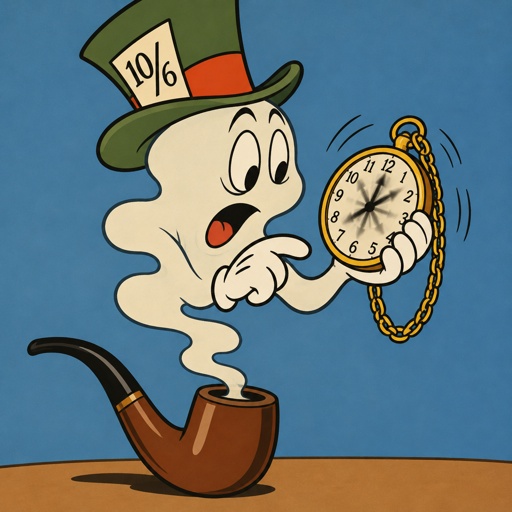 A ghost coming out of a tobacco pipe like smoke  with the mad hatter hat on is checking his pocket watch that is going crazy
