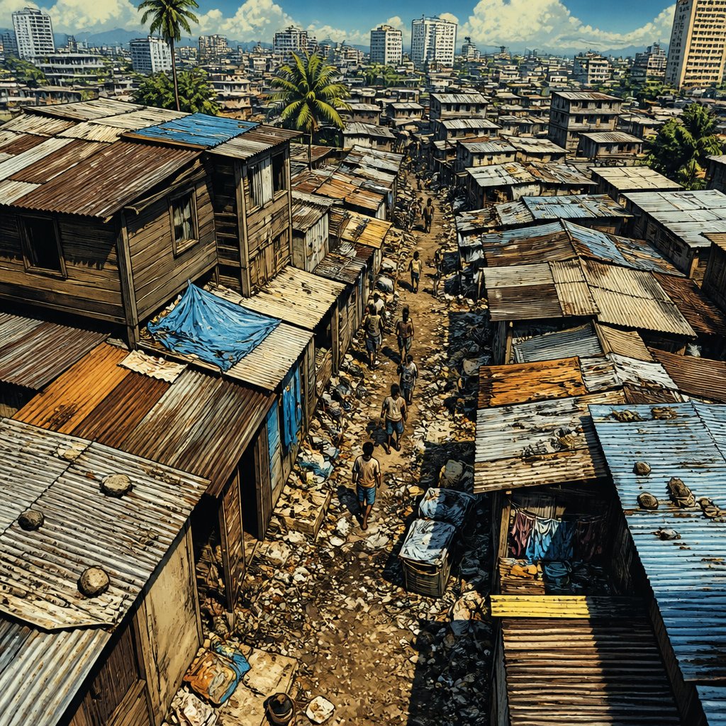 Highly realistic, vivid colors, no caricature no speech bubble an inner city slum garbage spoon here and there very depressing looking wooden shacks sunny day high drone view