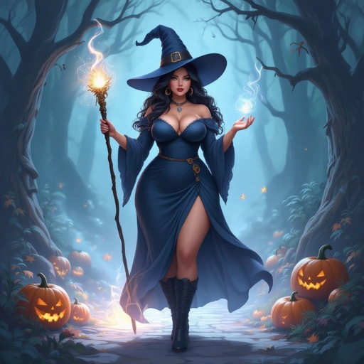A full body portrait of a curvey plus size witch with long hair and a very dark grey-blue witch hat that matches with her dress with a wand in her hand