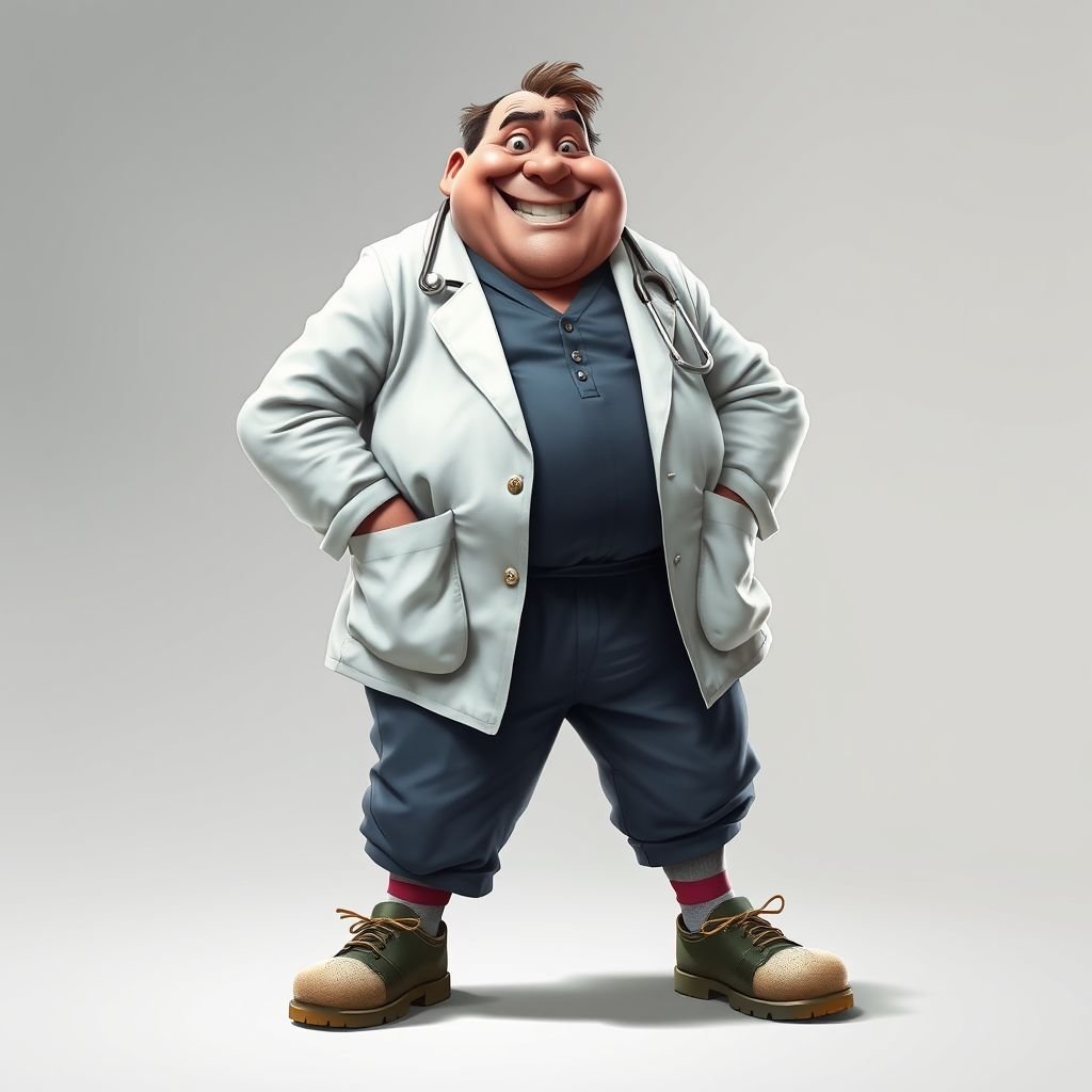.. create a fat doctor. Who is funny human looking from head to toe. And he always immediately results to surgery for anything even small things. So please be sure to show his whole outfit head to toe. Make him have 1 tooth. Make it more adult humor instead of cartoon humor.