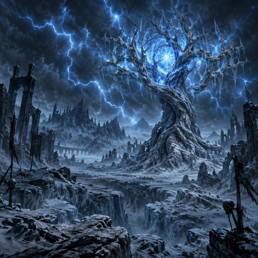 blue lightning storm in a ice waste land, lightning trapped in ice tree