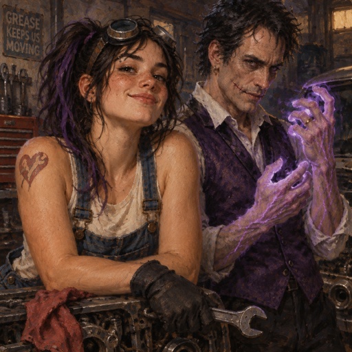 Female, freckles, 18, side ponytail black hair with purple strips, mechanic goggles, white shirt no sleeves no cleavage showing, Jean suspenders, black work gloves, big smirk, eyebrow piercing, red heart with an arrow going through it with the word mom on the heart tattoo on right shoulder, Male, slim, black messy hair, back hair, brushed side hair, scar on upper and lower lip, ear piercing ring, mid 40s, glowing purple hands, purple glowing veins, bad guy, purple vest, white shirt, wedding ring, clean shaven