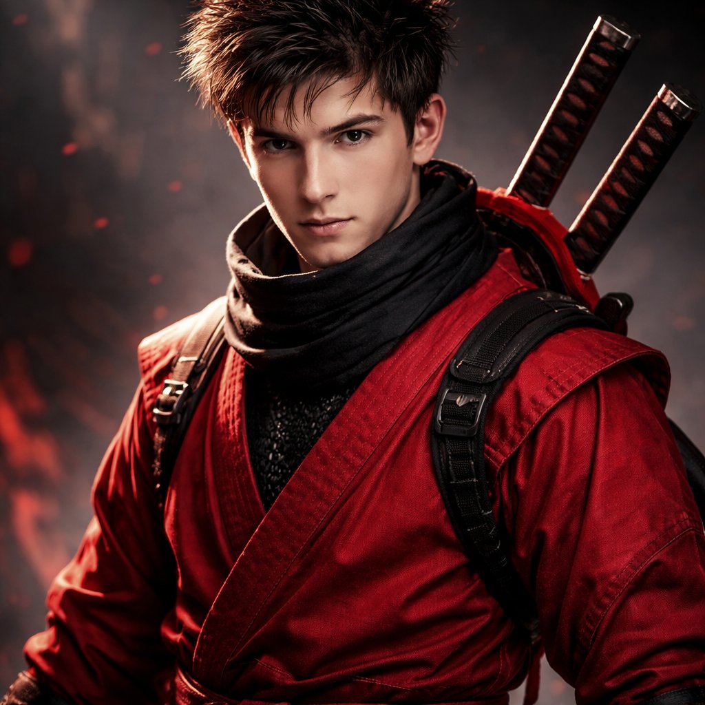 Guy with short spiky dark brown hair wearing shinobi shozoku coloured red