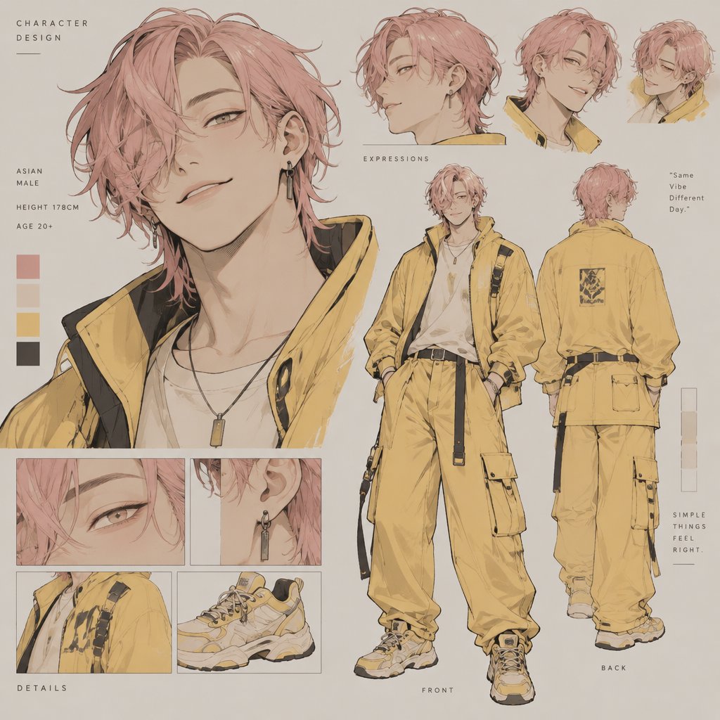 Male, Asian, light pink neck length wavy hair, hair in front of one eye other side is brushed back, smirk, chill, wearing yellow clothes, cartoon style