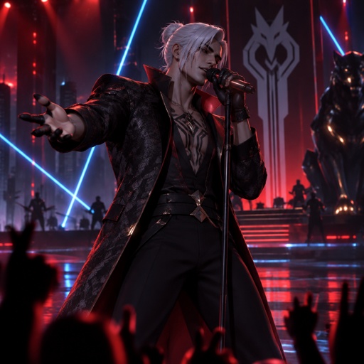 Kado Thorne from Fortnite medium length white back hair bun pale skin,singing the song bones by imagine dragons 
