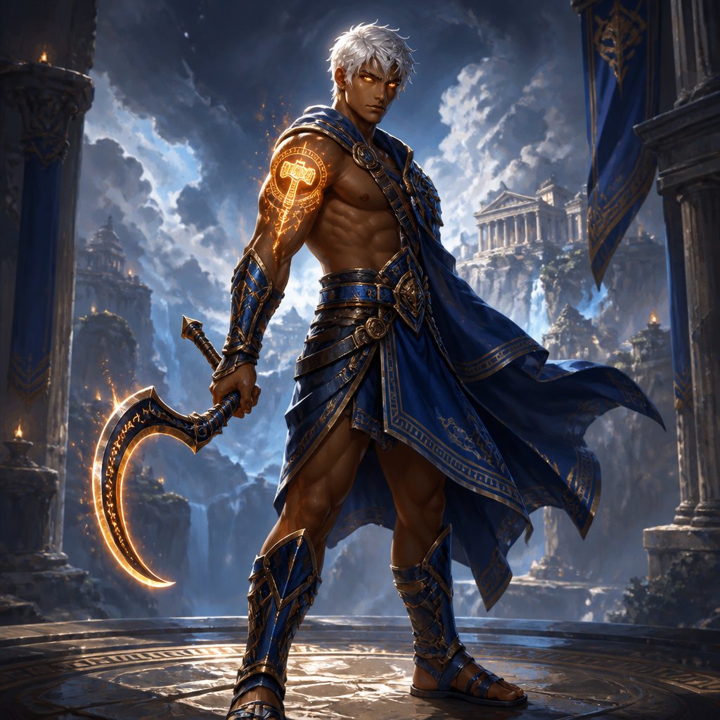 young tanned man with short white hair with orange iris wearing Greek style blue trench coat type of armor and a pair blue leather sandals wielding a sickle with glowing tattoo of hammer on his right shoulder named nexus