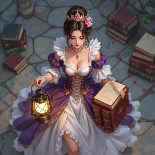 top view, battle map view, aerial view, woman, fancy dress, crown, holding a lantern, holding books, looking down, no background, stop looking up, top view, view of the top of her head, carrying books, looking down; zoomed out