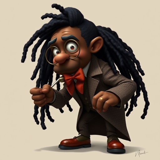 Create a funny serious fat character similar to Sherlock Holmes, but make him of black decent and with dread locks. Show his whole outfit including his shoes.