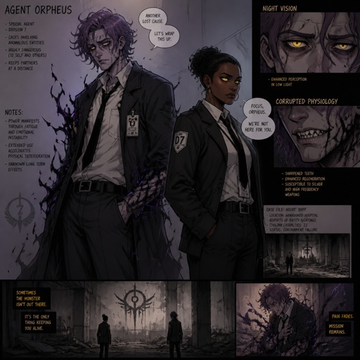 Anime style, Agent Ward a male, made in a secret lab to be best weapon and good at everything, highly skilled, be kept in check, emergency backup case he gets out of control, his hair messy bun color violet, clean shaven, yellow night vision eyes, sharp teeth, dark power energy from experiment, tired, tall, eyes sensitive to light, dangerous, intimidating, laugh like a maniac, cares about partner ruby rose she's dark skin serious plays by rules firm,them standing together ruby arguing to wards "stop being intimidating you're going to our suspect a hart attack!" Ward says "job goes faster" starts giggling, ruby warn ward " if you can't take this seriously l'll have to have you go in your room" ward sad expression says"i don't want that" ruby "ok let's do this I have somewhere to be " as a comic
