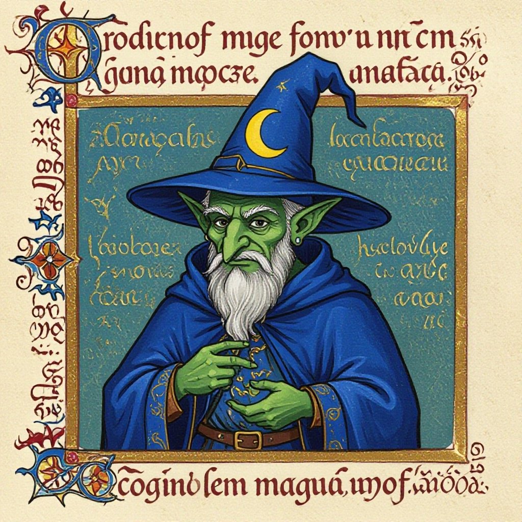 A Goblin mage with a blue cloak and a pointy wizard hat with a yellow crescent moon on the robe and hat