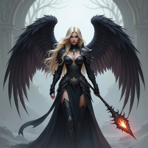 Fallen  female Aasimar necromancer with wings and long blonde hair