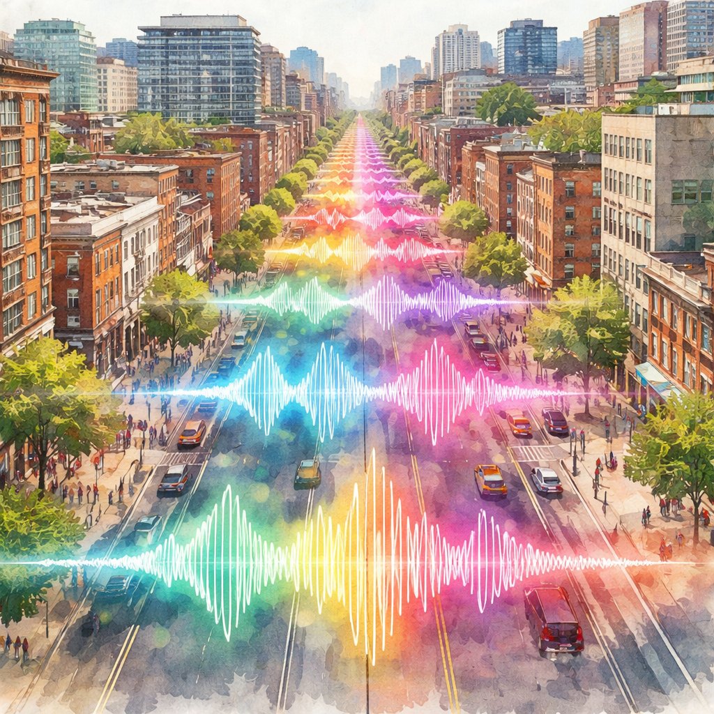Drone view color Sound waves travelling across a street in downtown Toronto- no Cn tower- on a bright beautiful day. no water.
