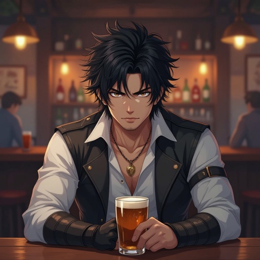 A warror a man he is sitting in a bar has black messy hair and looks serious