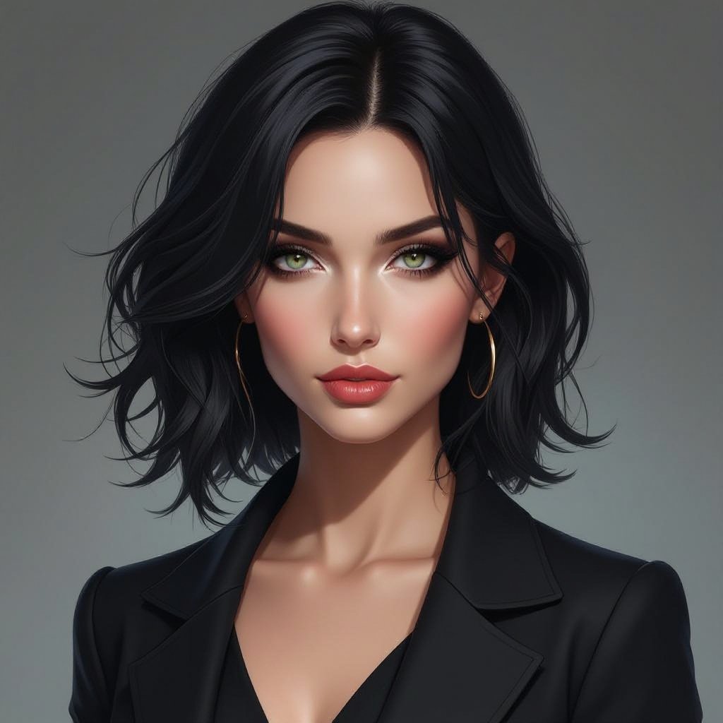 Show character head to toe. Create a mid age mysterious woman jet-black hair is cut sharpand her eyes seem to pierce through darkness. A shadowy aura clings to her form,