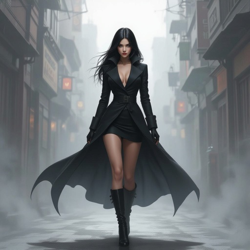Show character head to toe. Create mysterious woman jet-black hair is cut sharpand her eyes seem to pierce through darkness. A shadowy aura clings to her form,