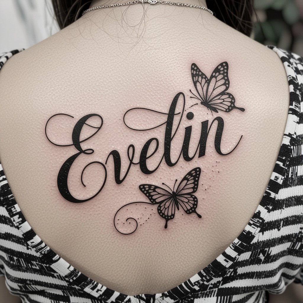 The name Evelin with Butterflies tattoo 