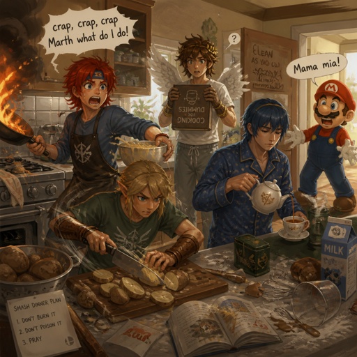 Super smash brothers link from legend of Zelda, pit from kid Icarus, Marth from fire emblem,Roy from fire emblem, there trying to make breakfast Roy in casual clothes accidentally got pancake batter on himself holding frying that caught on fire saying “crap,crap,crap marth what do I do!" link cutting potatoes on cutting board really fast in casual clothes ,pit trying to read the cookbook but it's upside down and he can’t read in casual clothes, Marth wearing his pajamas making himself some tea with a tired face expression think "why did I get up” Mario walks in the kitchen then say "Mama mia! what are you guys doing!" When seeing the mess