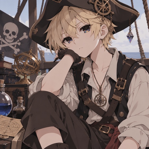 Alchemist witch pirate girl with boy look and boy clothes and has blond hair and onyx eyes with hue of rainbow white pale skin 