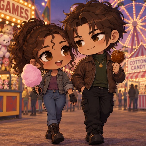 Female, tan skin, brown eyes, pointy nose, curly ponytail, curl in the middle of her forehead, grey jacket rolled up sleeves, jeans, boots, purple shirt, gloves, Male, brushed back slightly messy brown hair, two hair strands in face, brown eyes, brown nice jacket, green turtleneck, earrings, gold necklace, black pants, nice shoes, smirk, both at a fair