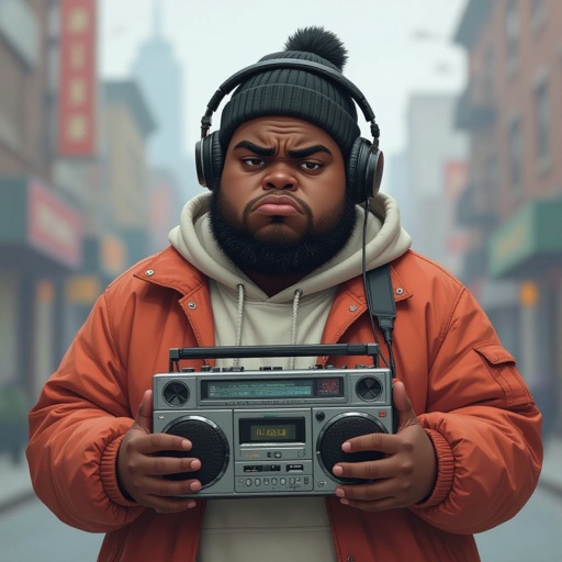 Create a kinda dark skin funny looking fat guy who isnt friendly from New York  has a boom box radio and is a stoner 