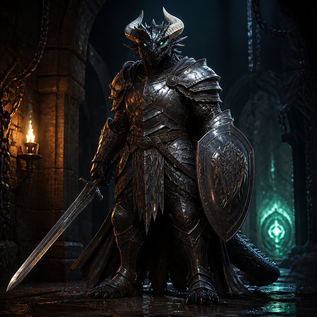 Black dragonborn, 6”8, green glowing eyes, white buffalo horns on both sides of head angled towards front of face, heavy steel armor, steel sword in right hand, steel shield in left hand, in a dungeon