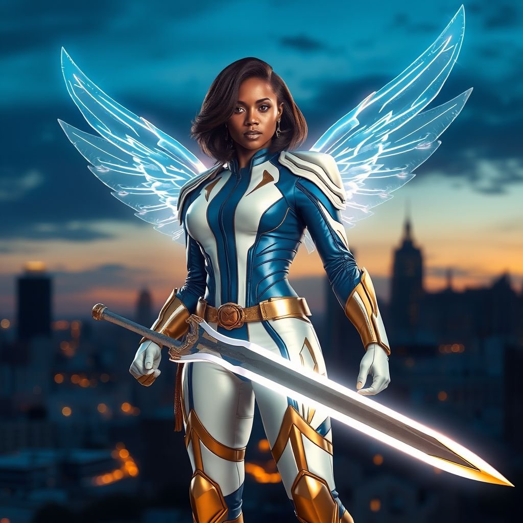 African American female superhero with shoulder length hair in a side part style and holographic wings wearing a homemade leather white and blue suit with gold accents and blue pants with a stylized V as her chest emblem wearing gold flat boots  made of gold fire holding a large glowing broadsword in one hand standing in Philadelphia at dusk