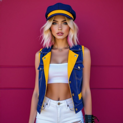 Pretty blonde and pink hair in a Bob Haircut wearing a stylish Indigo cap with Yellow band and  she wears a matching open Indio, Yellow vest and a low cut white  tube top and white torn skinny jeans and  black high combat heel boots