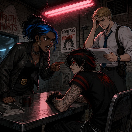 Anime style, Ruby she's dark skin with brown hair and light blue, streak, serious, intimidating, makes sure she gets all the answers she needs,very good at interrogating the suspect, is very loud, being calm is hard, loves tea, she cares about her partner gray but doesn't know about gray's feelings to her, she occasionally will smile a lot.Agent gray nice wave blond hair, tallish, nice, doesn't wear glasses, cares about partner, shy, good at his job, very organized but when a lot of work happens all at one and there's a limited time he can get very disheveled, likes his partner agent Ruby but to scared to admit it, smart, can work in any situation,energy drinks,can unintentionally be funny. Anime white male, name Lloyd, hair messy long one loose braid, black hair with light red stripes, clean shaven,red eyes, long scary fingers spider fangs,glasses, sarcastic, cold, laugh mockingly, traumatized,was a unwillingly experiment many years before getting rescued, no memory of his past, has power of a spider, poisonous makes spider webs with his hands, can communicate and control spiders, on right arm a print says sub 389, doesn't remember anything from his past,very dangerous, being taken care of in a special agency.there all in the same room asking Lloyd questions,Lloyd is wearing casual clothes ,as a comic