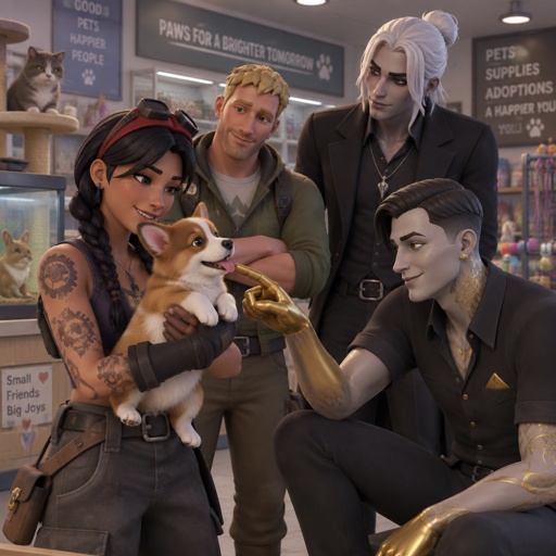 Jules from Fortnite, Jones from Fortnite stubble , Kado Thorne from Fortnite pale skin white hair shoulder length back hair bun, Midas from Fortnite, all at a pet store, one holding a pet, all wearing casual clothes 