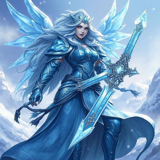 Create a battle woman hero called Alvara the Frostheart. Show full body head to toe including shoes