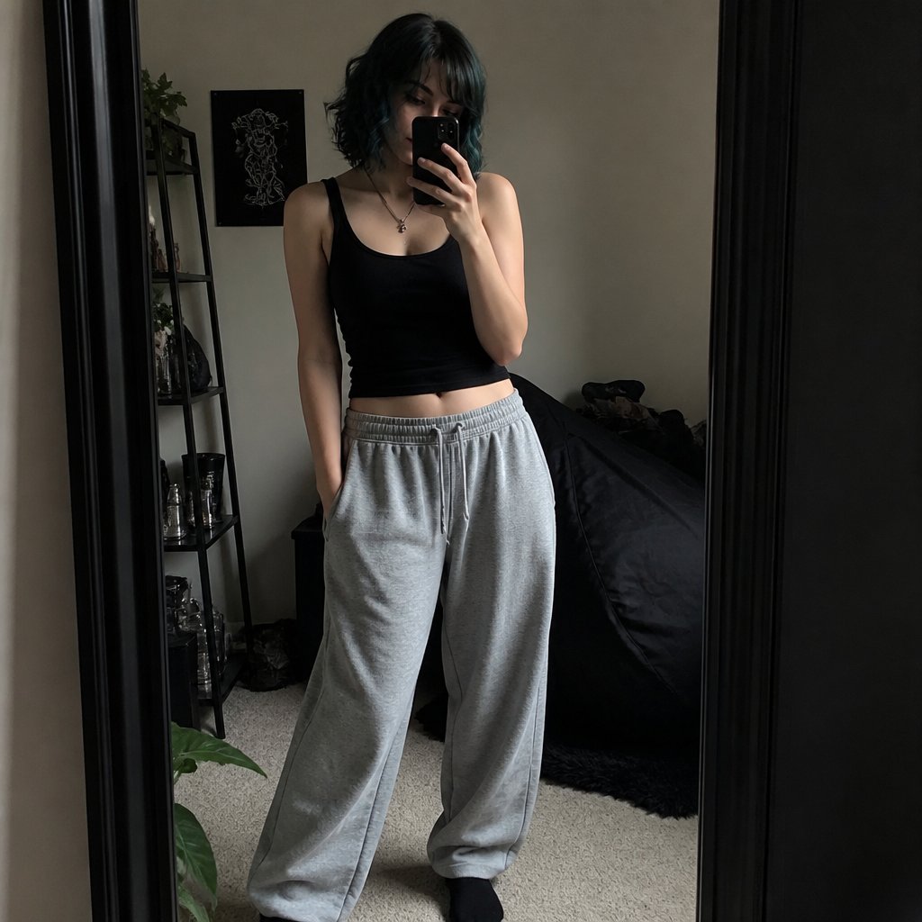 Adult girl with short teal hair with black tips wearing baggy sweatpants and a black tank top