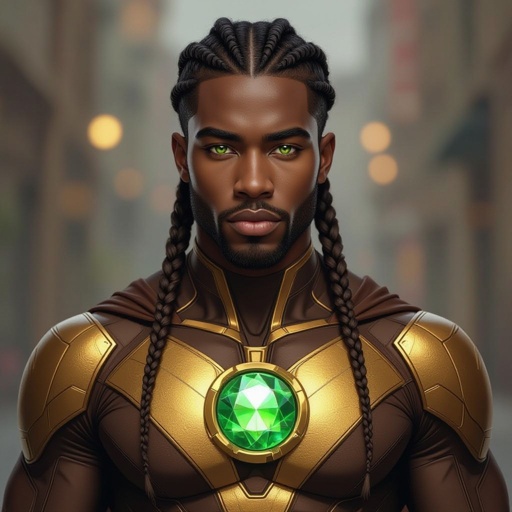 A strong black skinned man with braids and gold eyes wearing a brown and gold super suit with a green gem in the middle 