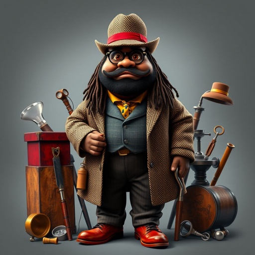 Create a funny fat character similar to Sherlock Holmes, but make him of black decent and with dread locks. Show his whole outfit including his shoes.