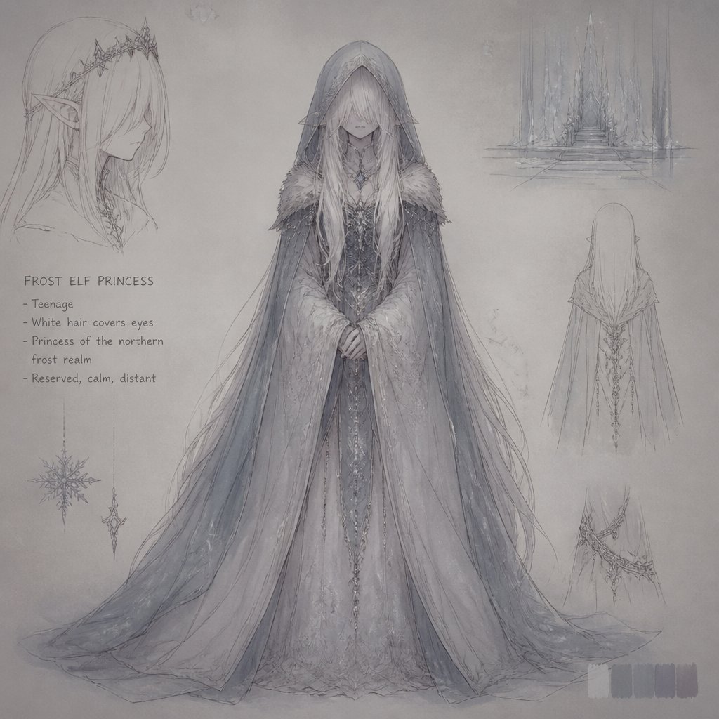 White hair with long hair covering her eyes teenage frost elf princess wearing long hooded dress