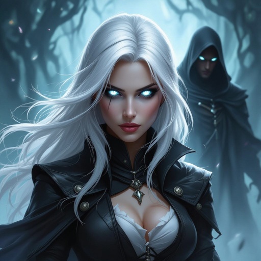 Woman with white hair and white eyes is a badass assassin with intense mystery and darkness with a shadowy Xaden rioson from forth wing male figure behind her