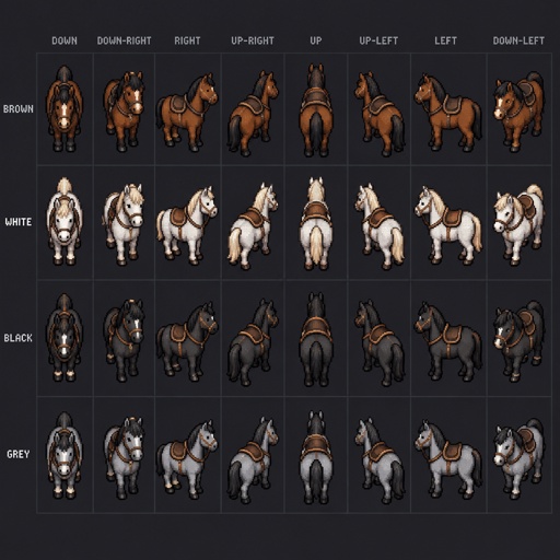 Horse for a fantasy game set in modern times, 360, top-down style, different colors