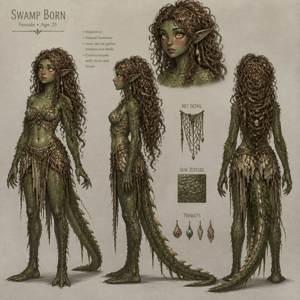 Female, 25, long very coiled light brown hair, green scaly skin, swamp creature, patchy clothes, curious, yellow eyes, lizard tail, mossy, blush, pointy ears, nets coiled in hair, multiple of the same character