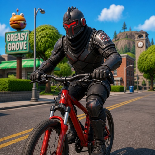 Geno from Fortnite riding a bike