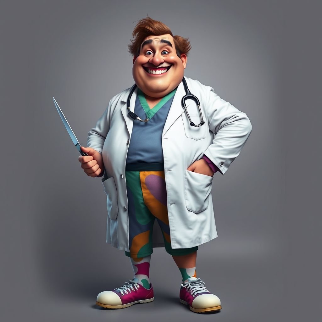 .. create a fat doctor. Who is funny human looking from head to toe. And he always immediately results to surgery for anything even small things. So please be sure to show his whole outfit head to toe. Make him have 1 tooth. Make it more adult humor instead of cartoon humor.