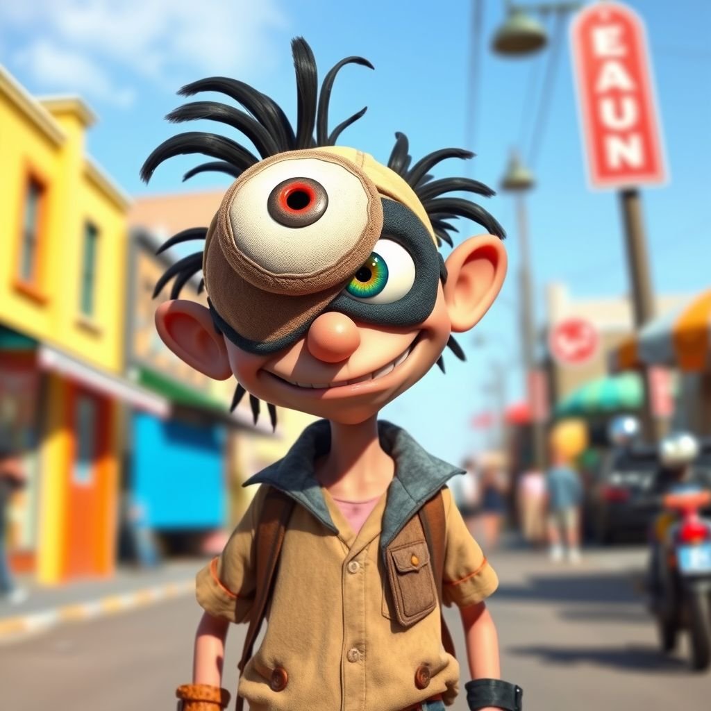 Create a funny guy name one eye Willy, who has one eye patched, show entire body head to toe 