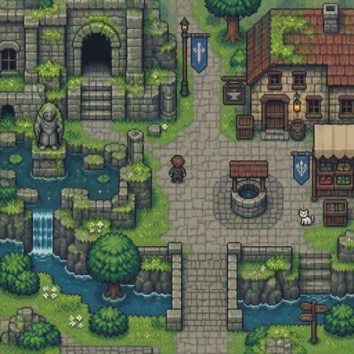  sparkling moss on rocks and old buildings for a fantasy game set in modern times, top down style
